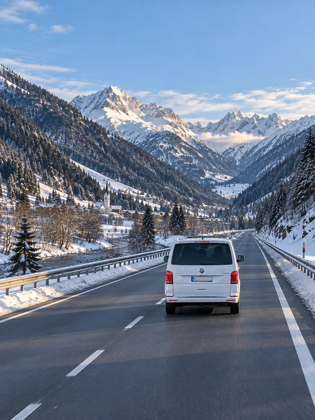 Allrad-Minibus auf einer geräumten Schnellstraße im Tal, unterwegs in verschneite Berge im Winter