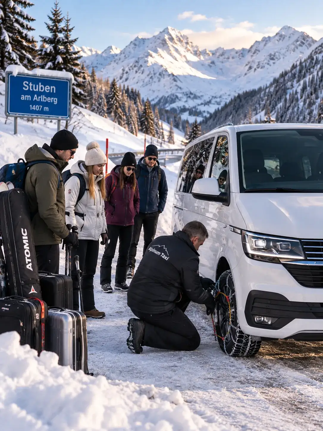 Why Choose Alpinum Taxi for Your Zurich to Stuben Transfer Alpinum Taxi driver fitting snow chains on the road to Stuben am Arlberg