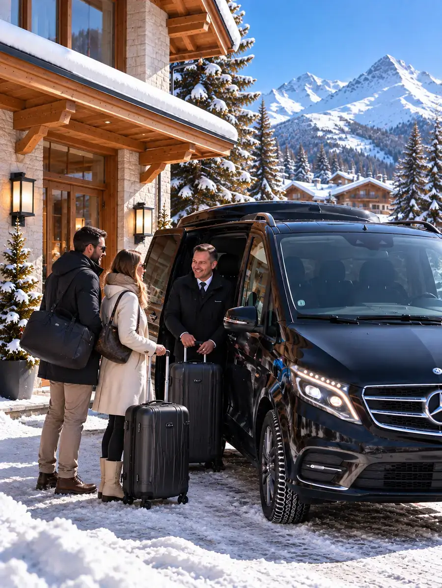 Alpinum Taxi private transfer to Lech am Arlberg with a winter-ready Mercedes Minibus 4x4