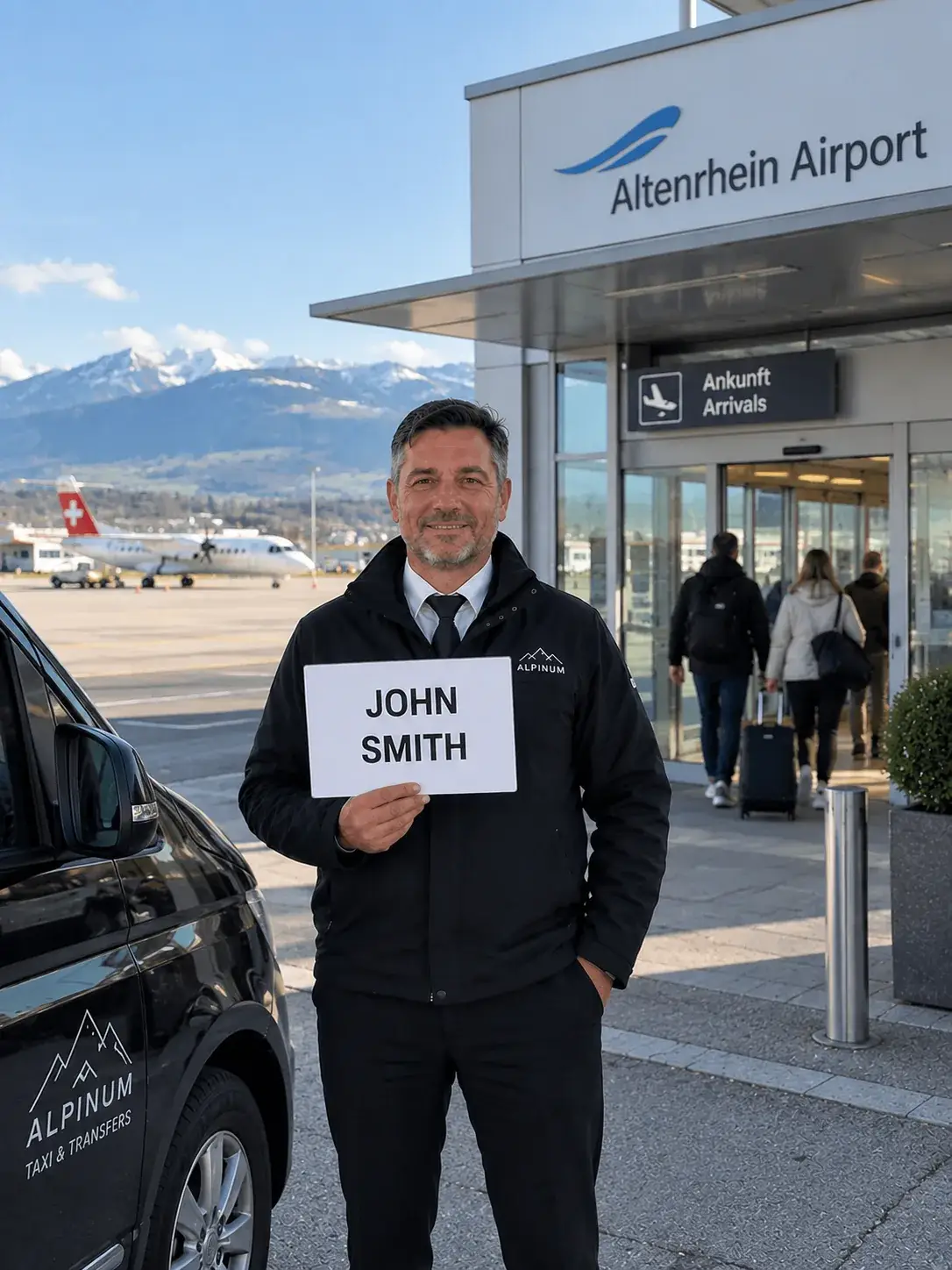 Taxi Anton driver with a name sign beside the minibus at Altenrhein Airport arrivals, meeting guests for a private transfer to the Arlberg