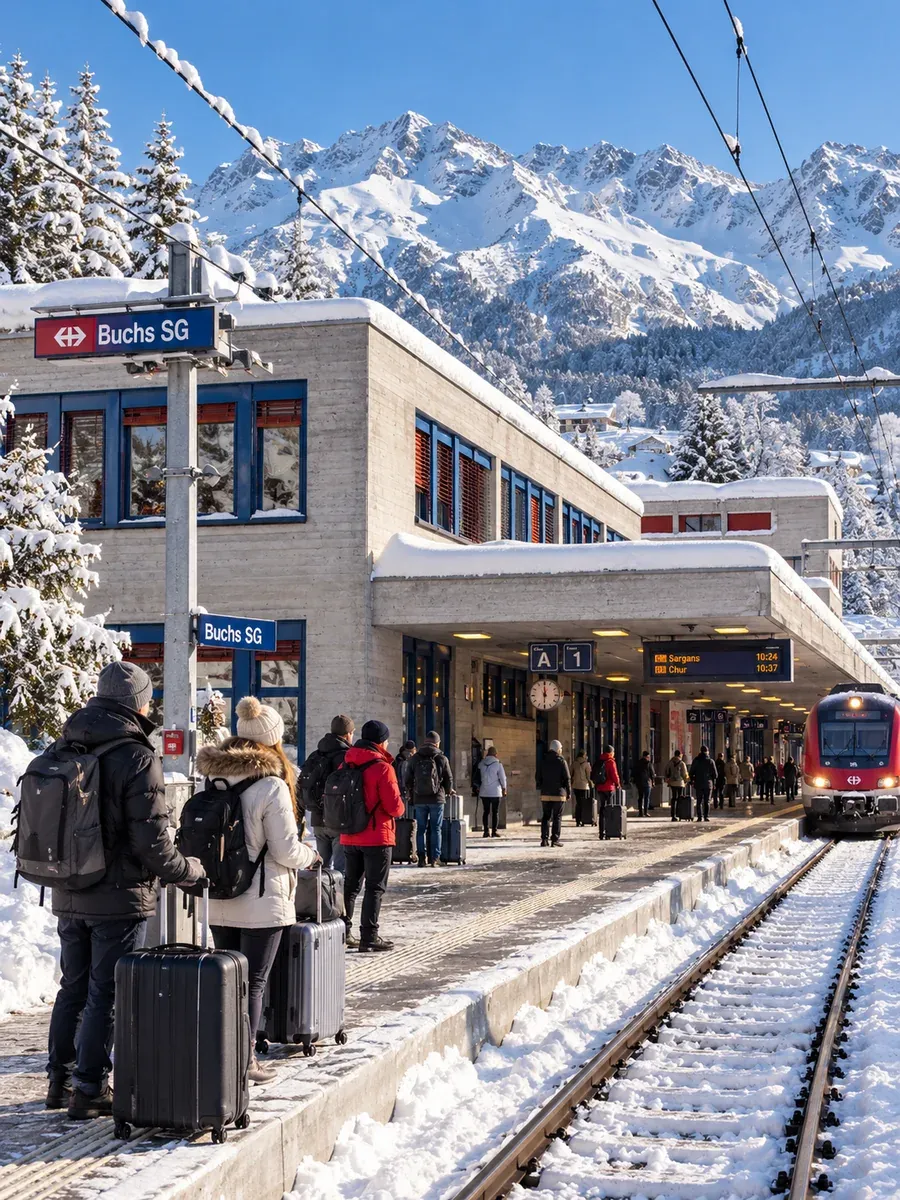 Lech to Buchs transfer — arrival at Buchs SG railway station Arriving at Buchs SG railway station in Switzerland, at the end of the transfer from Lech am Arlberg