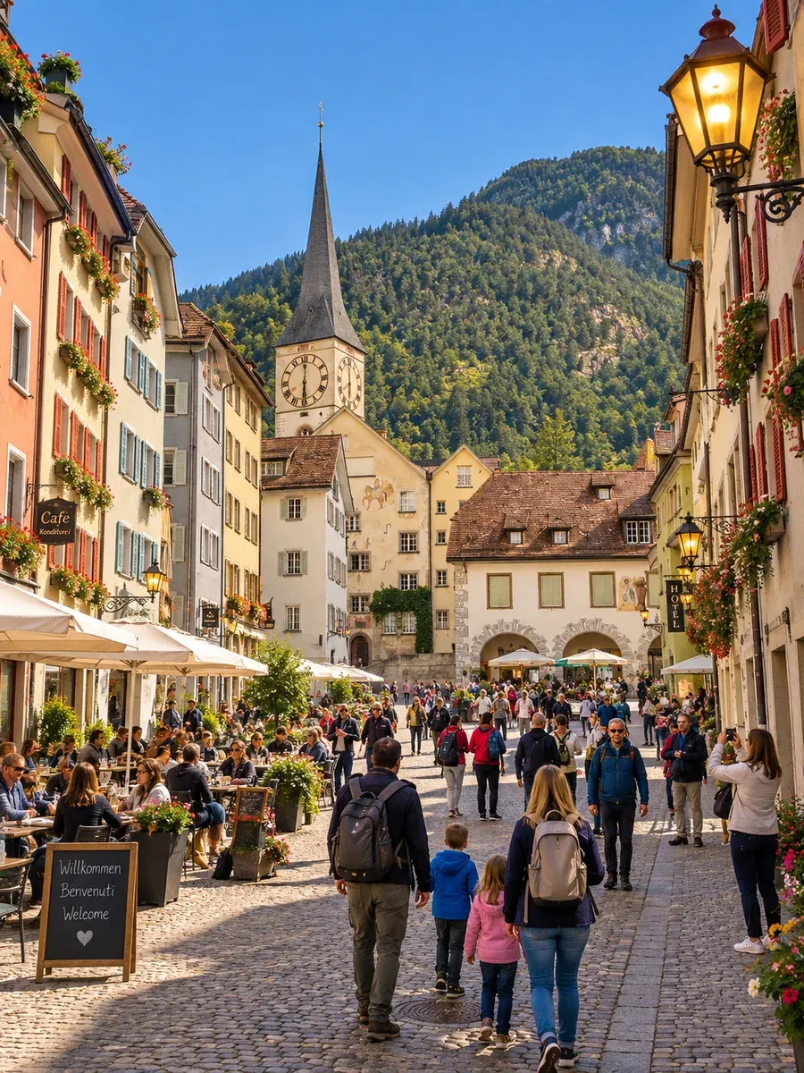 The old town in the centre of Chur, Switzerland, at the end of the transfer from Lech am Arlberg
