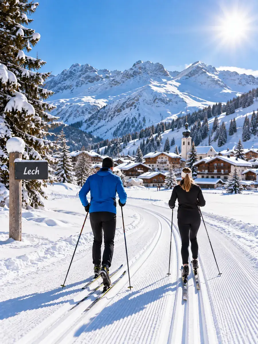 Cross-country skiing in Lech am Arlberg on a sunny winter day