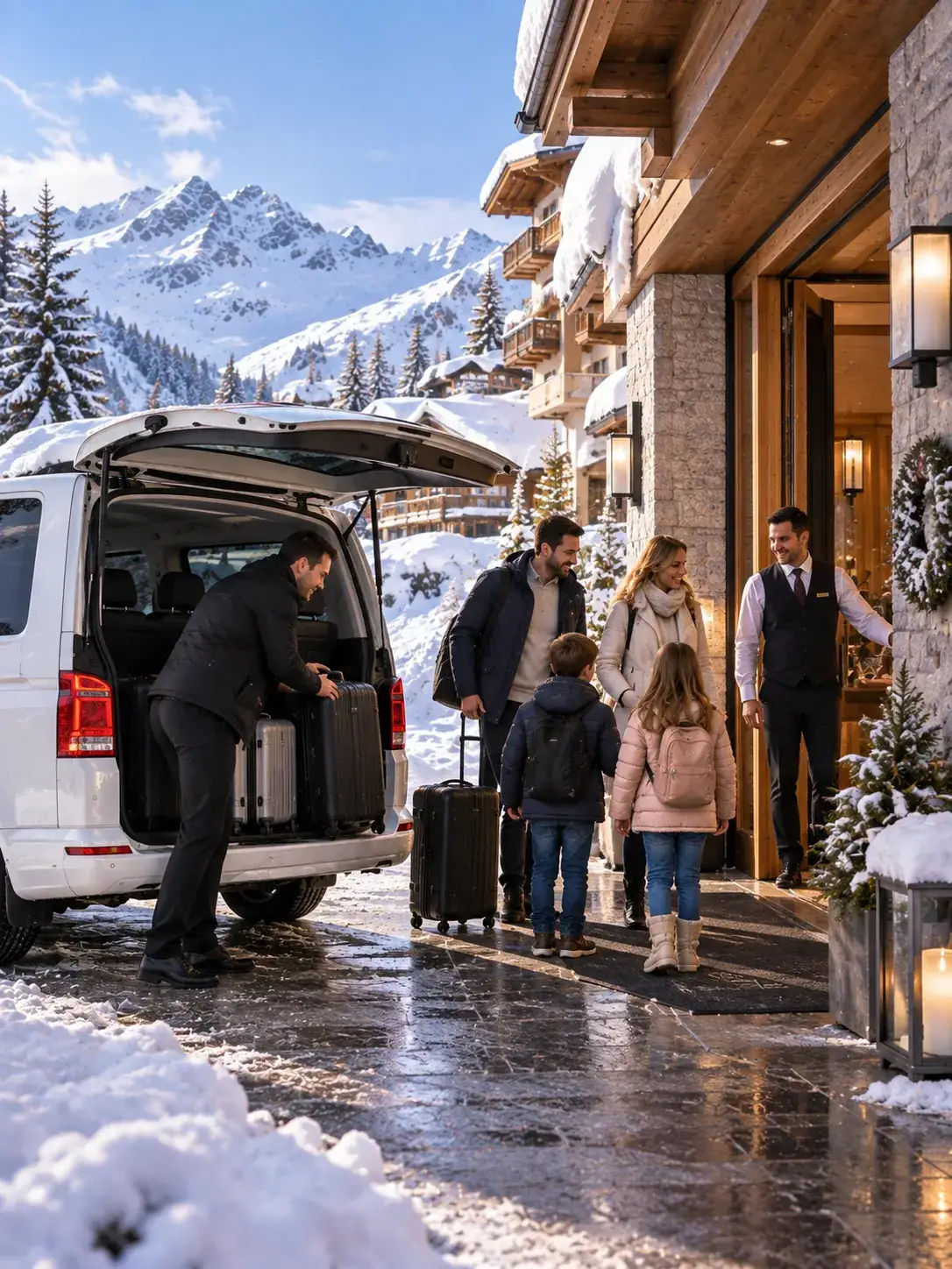 Haus-zu-Haus-Transfer zu den Hotels in St. Christoph Alpinum Taxi Fahrer lädt das Gepäck einer Familie vor einem Hotel in St. Christoph am Arlberg aus