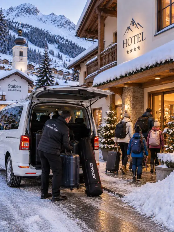 White Alpinum Taxi VW Caravelle outside a hotel in Stuben am Arlberg, driver unloading cases and a ski bag