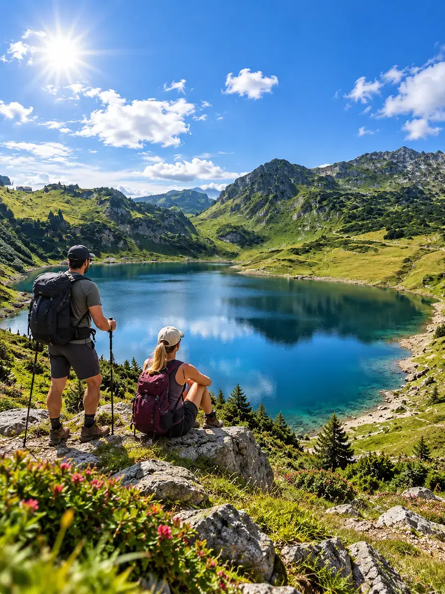 Hikers at Formarinsee near Lech am Arlberg in summer