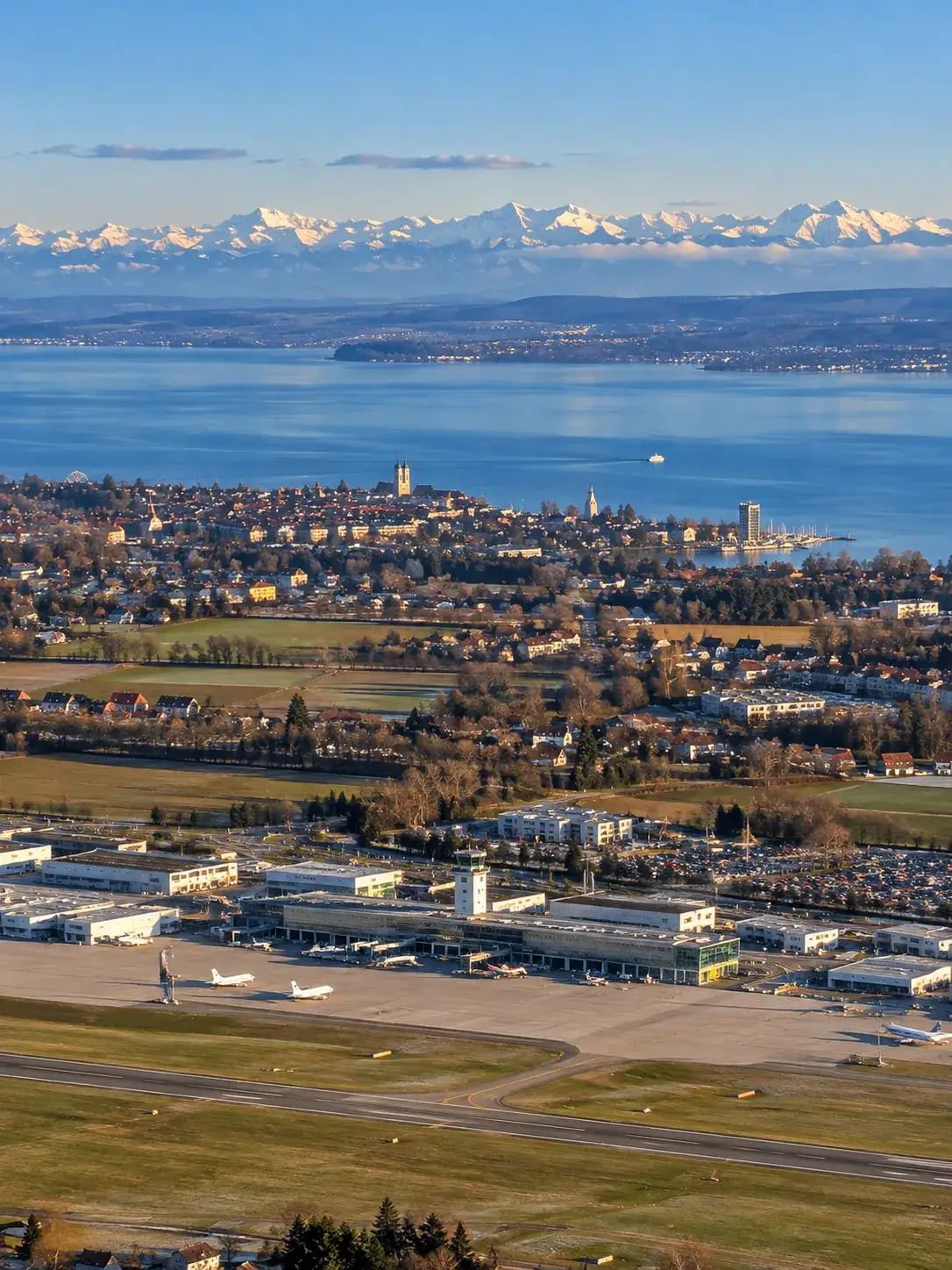 Flughafen Friedrichshafen aus der Luft: Start- und Landebahn, dahinter die Stadt, der Bodensee und die Alpen am Horizont