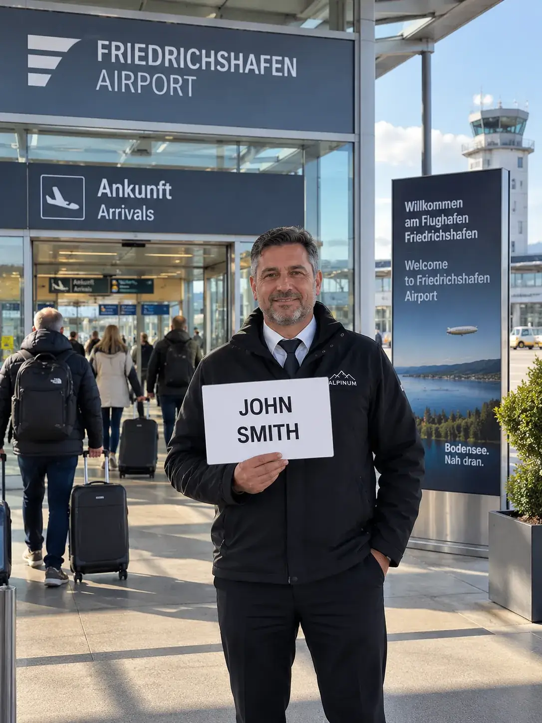 Taxi-Anton-Fahrer mit Namensschild an der Ankunft am Flughafen Friedrichshafen, vor einem Privattransfer an den Arlberg