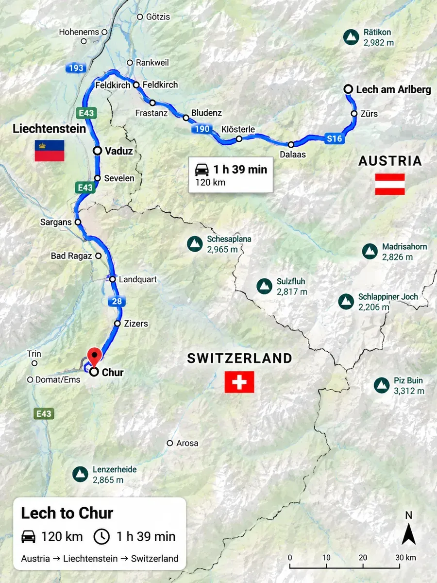 Map of the route from Lech am Arlberg to Chur, west through the Klostertal into Switzerland and south down the Rhine valley