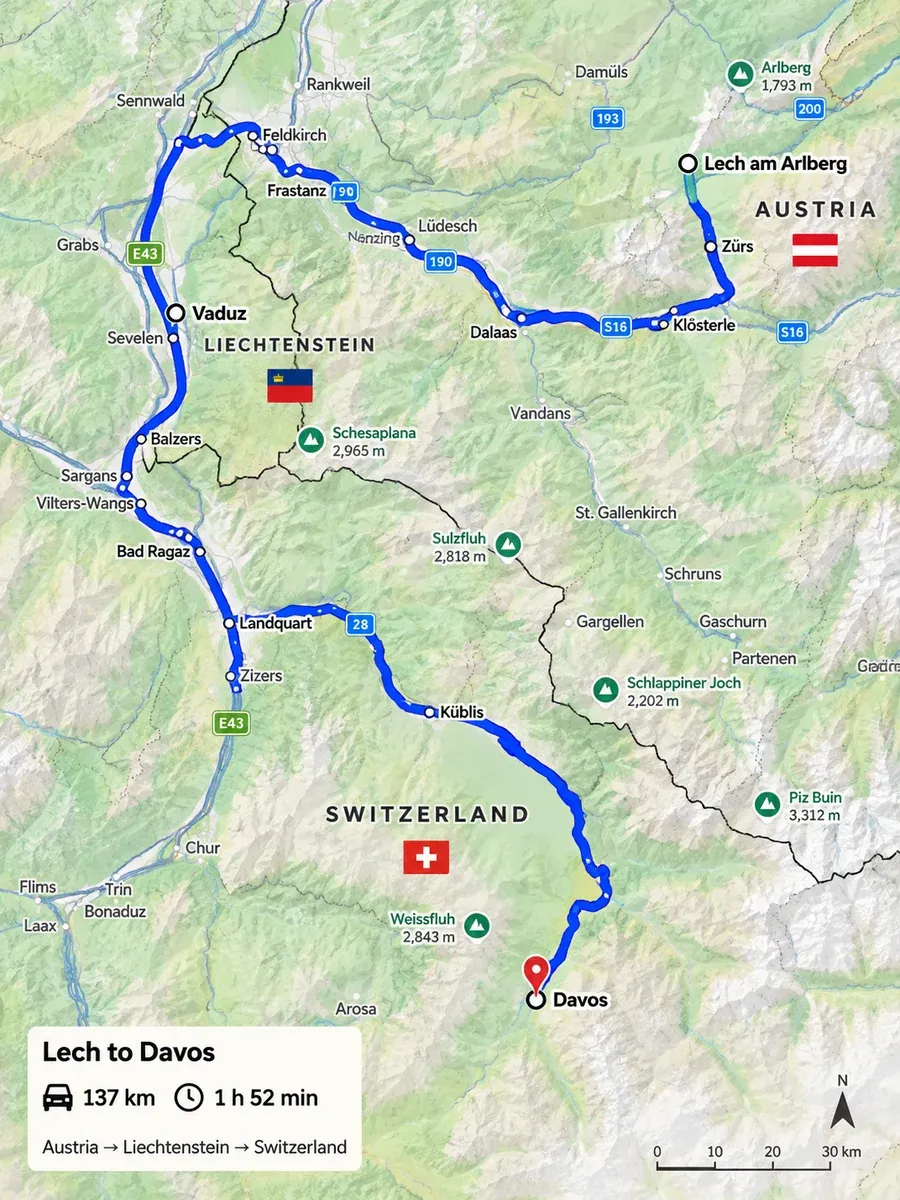 The road from Lech to Davos Map of the route from Lech am Arlberg to Davos, west through the Klostertal into Switzerland and south over the Wolfgangpass