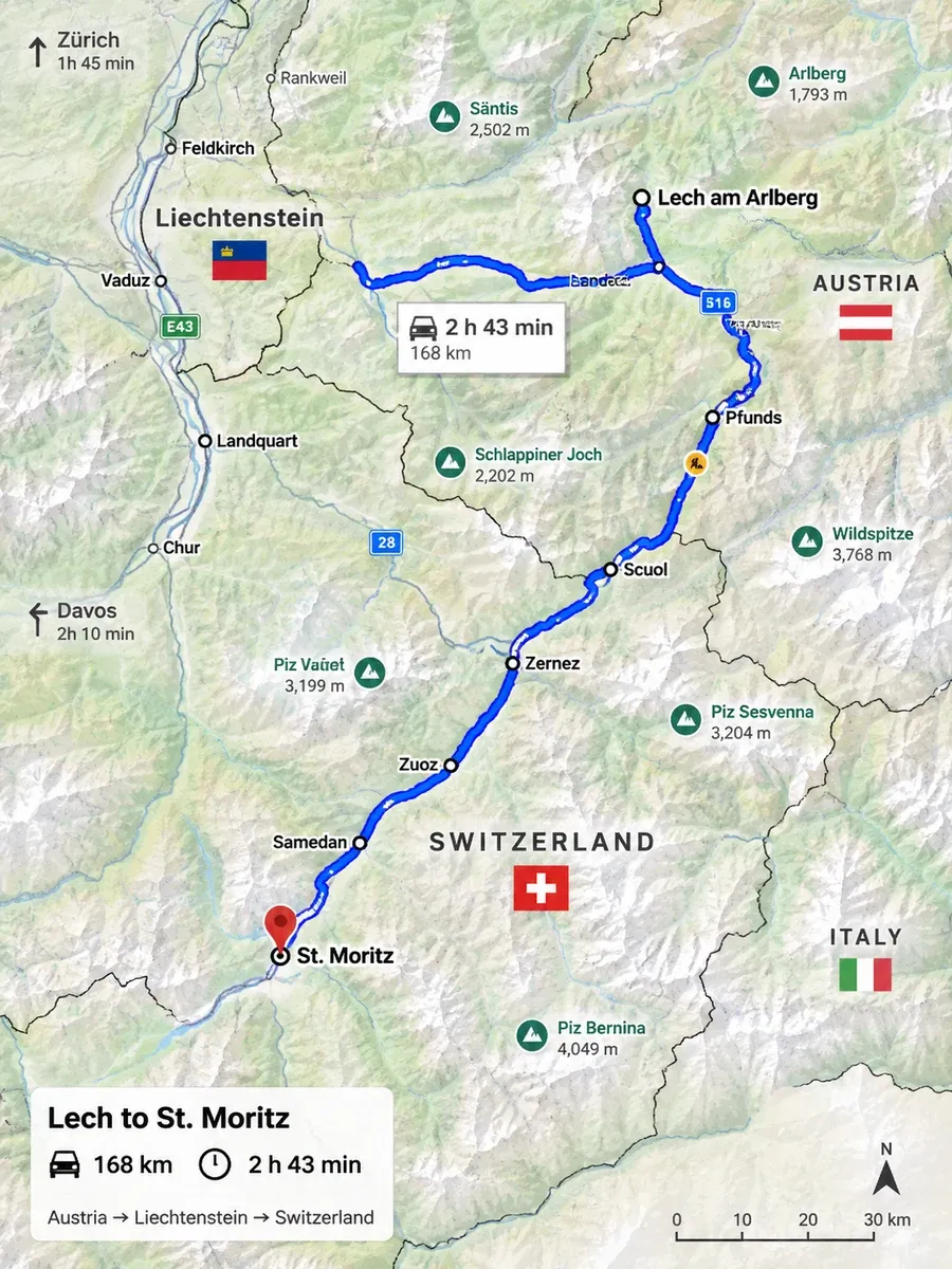 Die Straße von Lech nach St. Moritz Karte der Strecke von Lech am Arlberg nach St. Moritz im Engadin