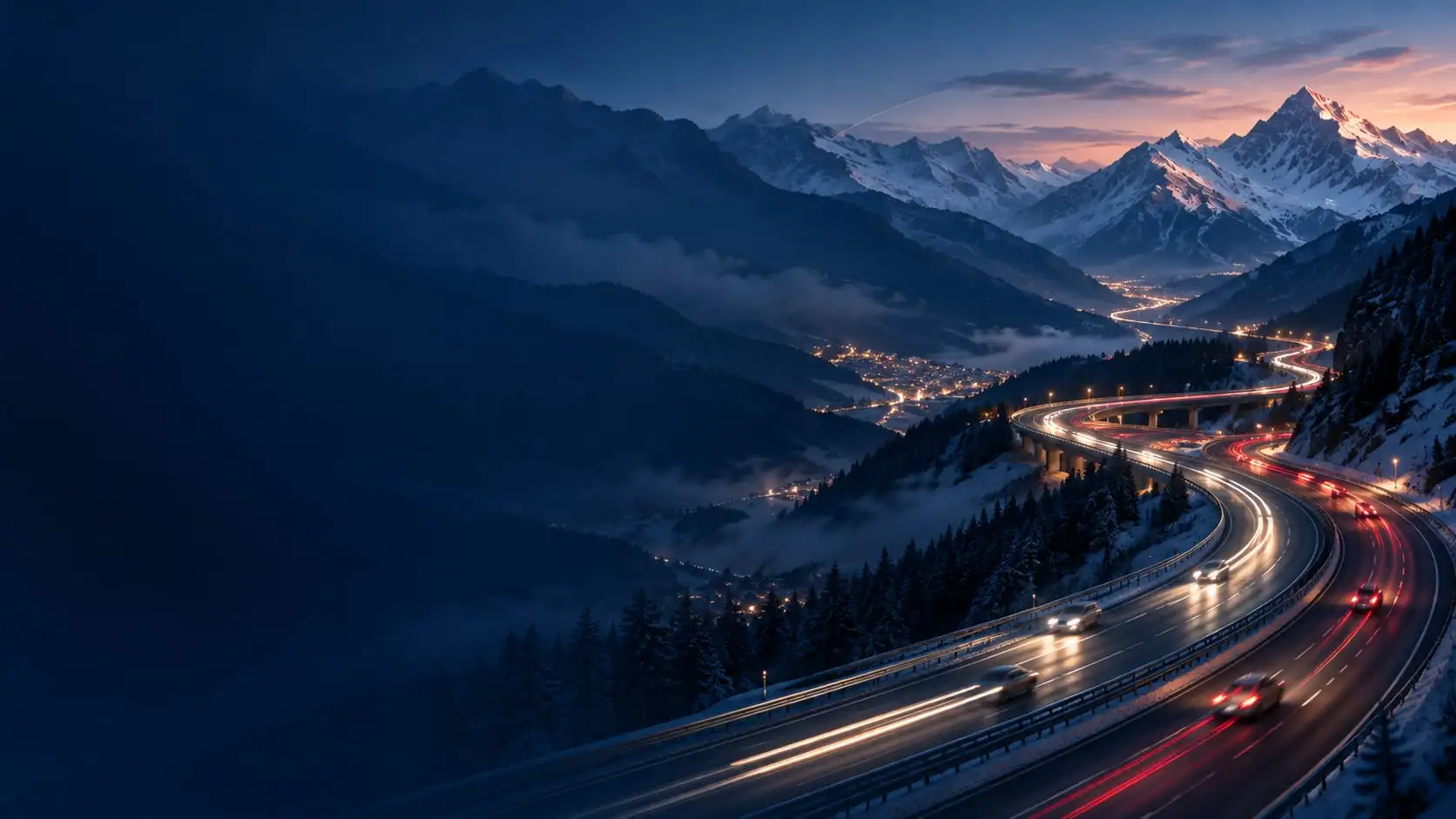 Innsbruck to St. Anton Airport Transfer Taxi Anton private airport transfer from Innsbruck to St. Anton am Arlberg — winter motorway at dusk through a valley with snow-covered mountains