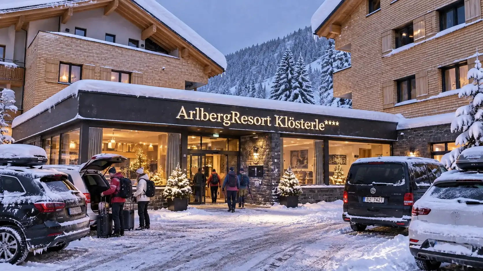 Innsbruck Airport to Klösterle Guests with luggage outside the ArlbergResort Klösterle in the snow, a winter evening in Klösterle am Arlberg