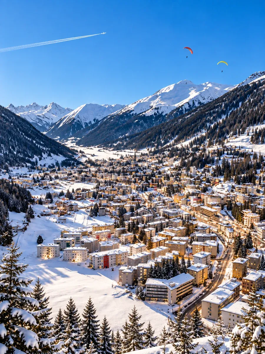 Winterblick über Klosters im Prättigau, ein Skiferienziel, das per Privattransfer ab Lech am Arlberg erreicht wird