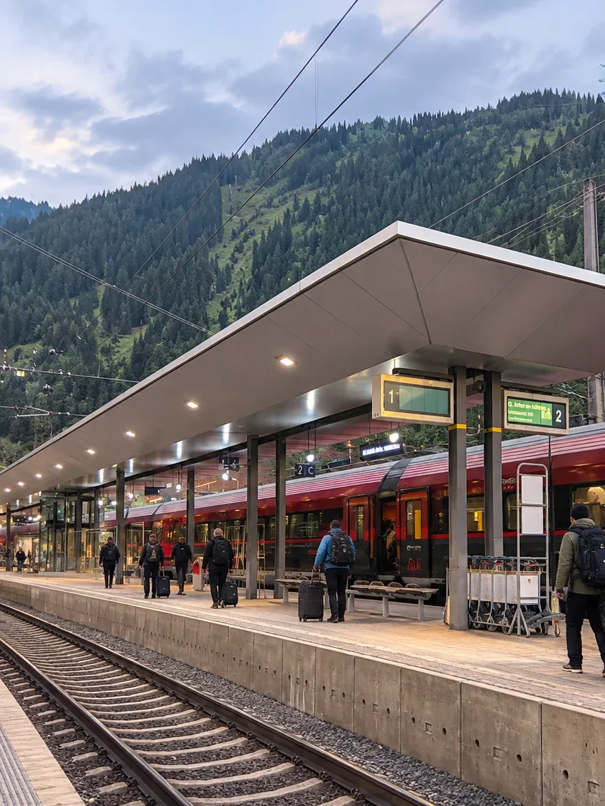 Langen am Arlberg railway station — taxi to St. Anton and the Arlberg Travellers with suitcases and ski bags on the platform at Langen am Arlberg railway station, a red Railjet alongside under the canopy