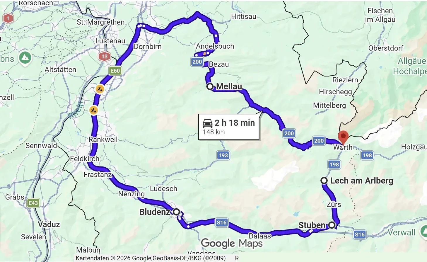 Lech to Warth in winter: the road detour, 148 km Map of the winter road detour from Lech to Warth am Arlberg by way of Zürs, Stuben, Bludenz, Feldkirch, Dornbirn and the Bregenzerwald at Mellau — 148 kilometres