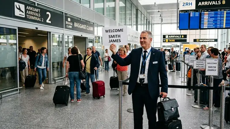 Your driver waiting with a name sign in the arrivals hall at Zurich Airport