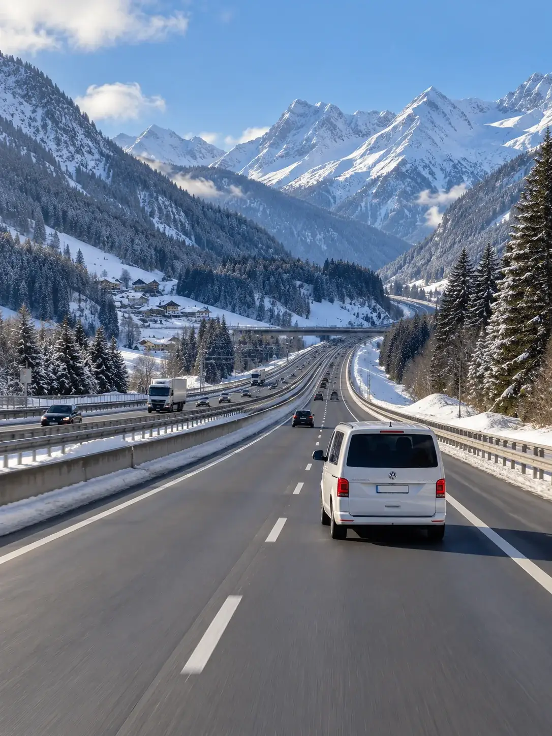 A 4x4 minibus on the motorway through a snow-covered alpine valley on a private transfer from Memmingen Airport to the Arlberg