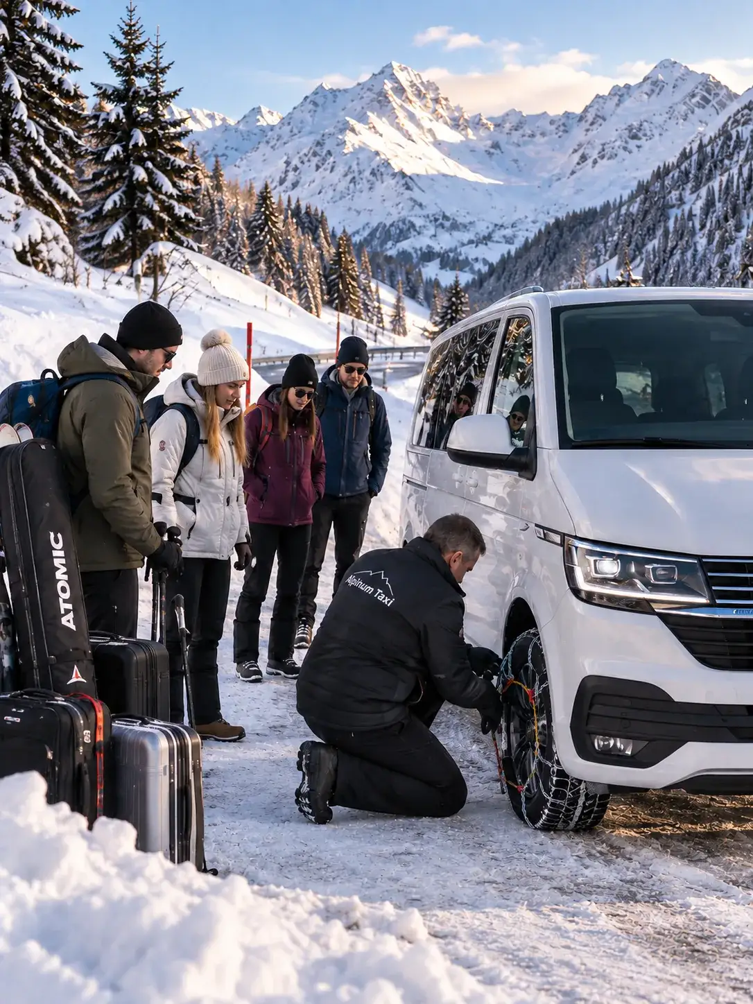 Snow chains on the Arlberg road — Memmingen Airport transfer Driver fitting snow chains to a 4x4 minibus on the Arlberg road during a Memmingen Airport transfer
