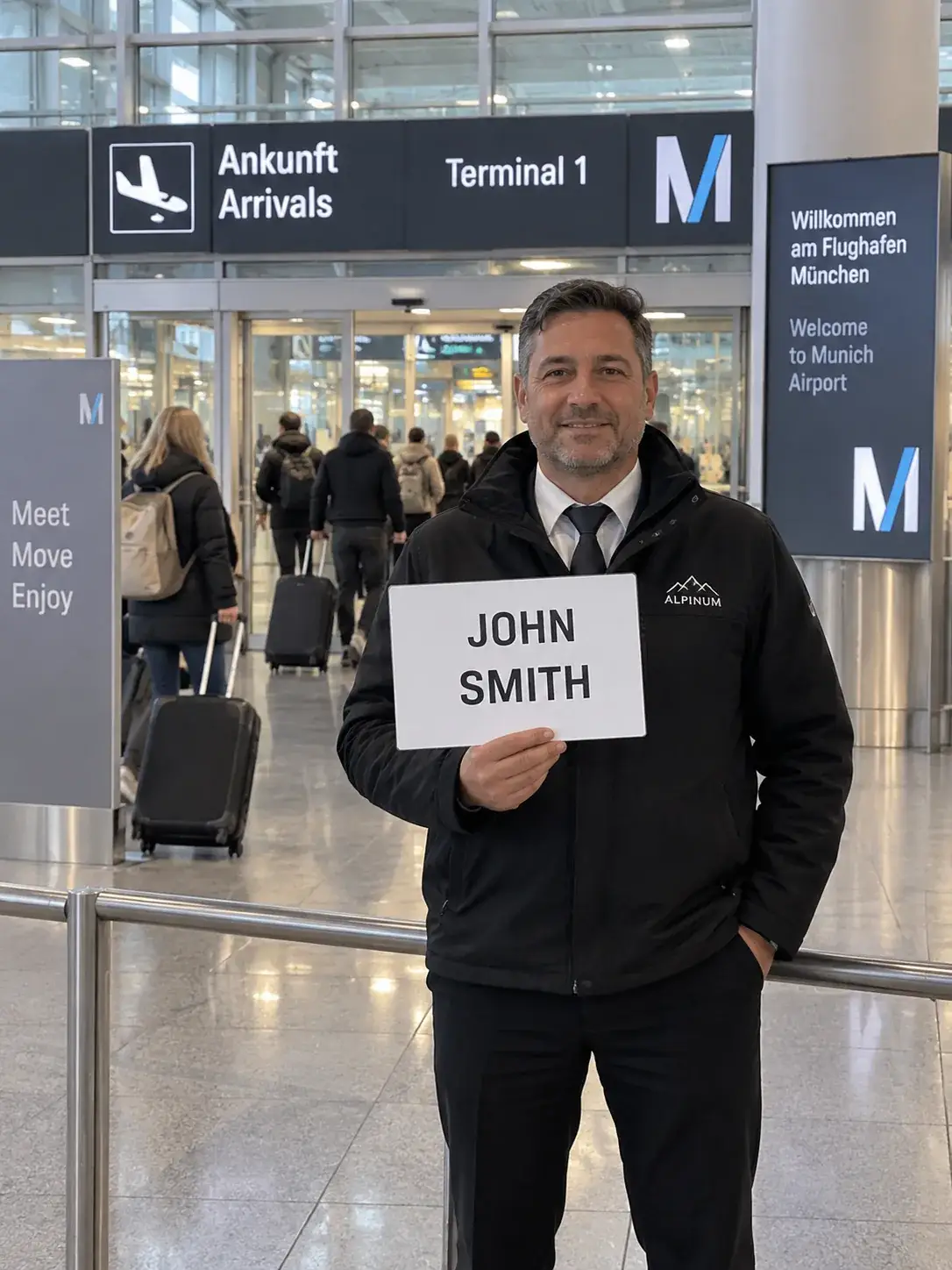 Taxi Anton driver holding a name sign in Terminal 1 arrivals at Munich Airport, meeting guests for a private transfer to the Arlberg