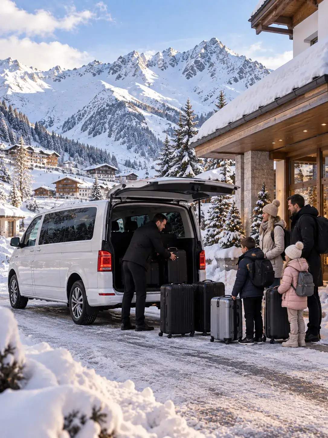 Privater Familientransfer nach St. Christoph am Arlberg Familie kommt mit einem privaten Transfer an ihrem Hotel in St. Christoph am Arlberg an