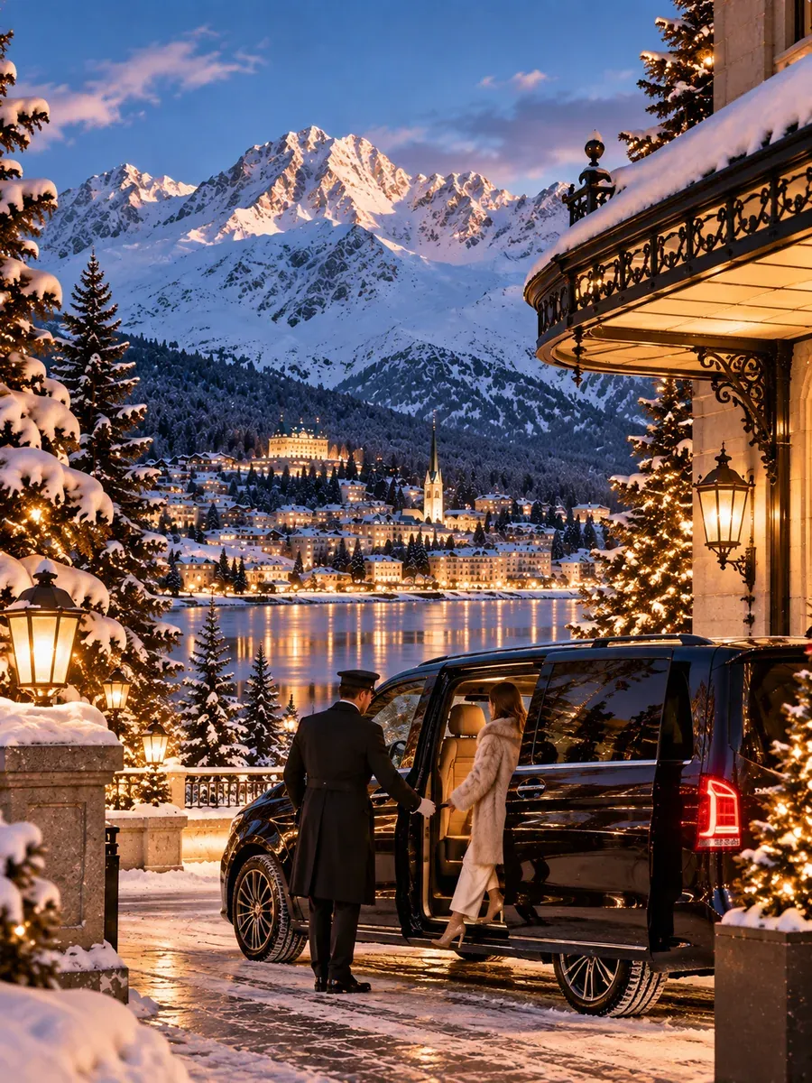 Ein Chauffeur hält die Schiebetür eines dunklen Vans für einen Gast offen, an einer Hoteleinfahrt über dem See in St. Moritz