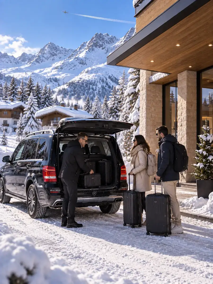 Privater Hoteltransfer Flughafen Zürich–Zürs Privater Transfer vom Flughafen Zürich nach Zürs bei der Ankunft am Hotel im Winter