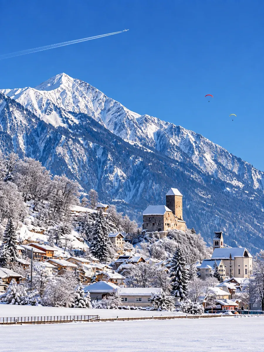 Winter panorama of Sargans in the Swiss Rhine valley, the rail junction at the end of the transfer from St. Anton am Arlberg