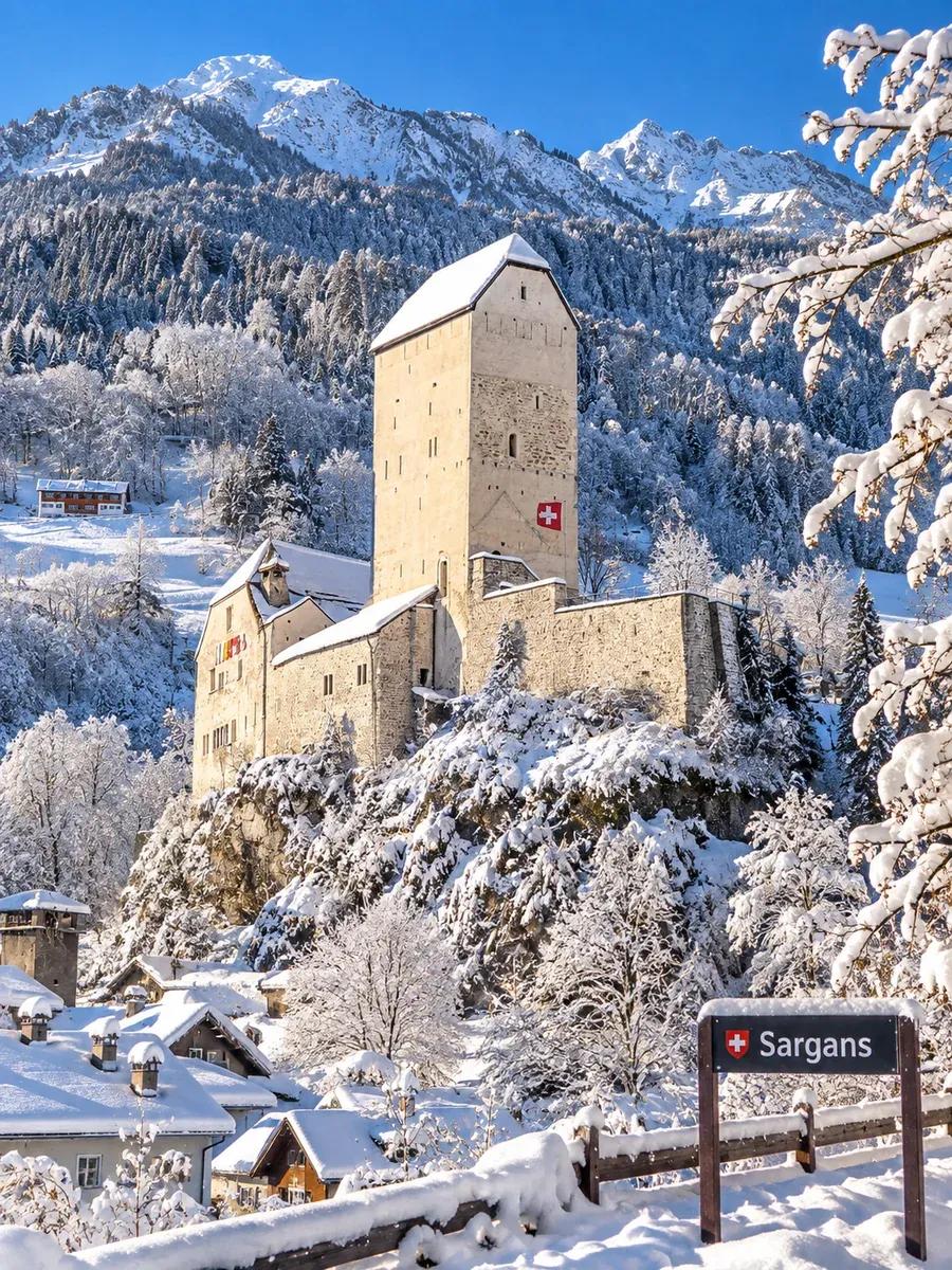 Transfer Lech – Sargans — Sargans im Winter Winterpanorama von Sargans im Schweizer Rheintal, Ausflugsziel und Bahnknoten am Ende der Fahrt von Lech am Arlberg