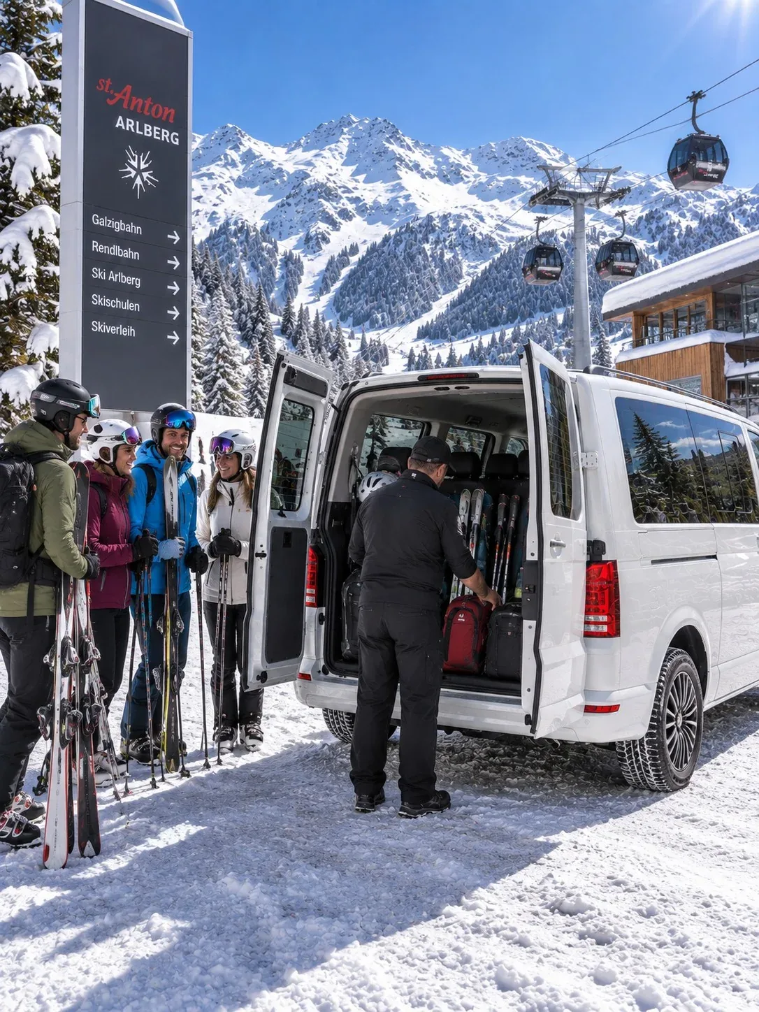 Ski taxi St. Anton am Arlberg — loading skis at the base station Ski taxi in St. Anton: the driver loading skis and bags through the rear doors of the minibus at the Galzigbahn signpost in St. Anton am Arlberg, the group waiting beside it