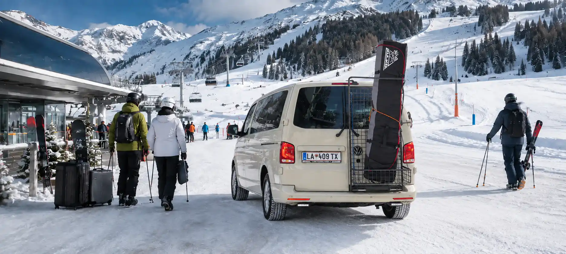 Alpinum Taxi: minibus with a ski bag on the rear rack at an Arlberg lift station, guests walking to the slopes with skis and cases