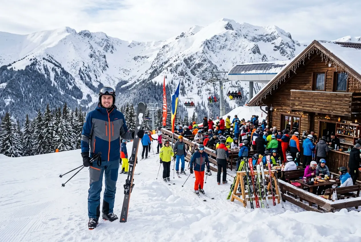 Skifahrer mit Ski und Stöcken vor einer Berghütte an der Piste