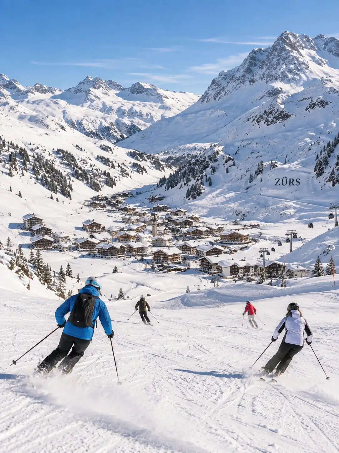 Skifahren in Zürs am Arlberg Skifahrer auf den Pisten über Zürs am Arlberg im Skigebiet Ski Arlberg