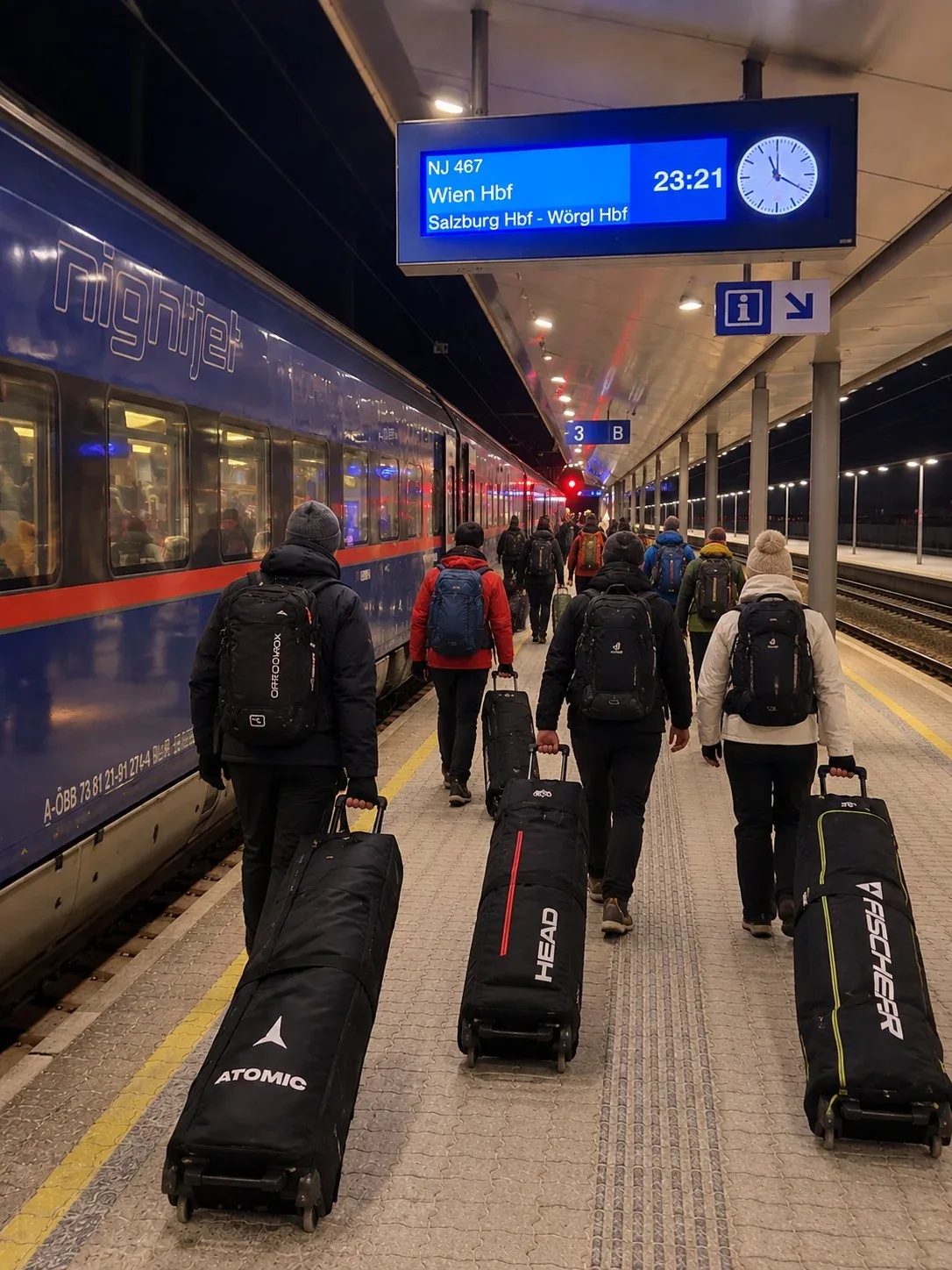 Arriving by night train on the Arlberg — skis and luggage on the platform Travellers with ski bags and rucksacks walking along the platform beside an ÖBB Nightjet, the departure board with train number and time above them
