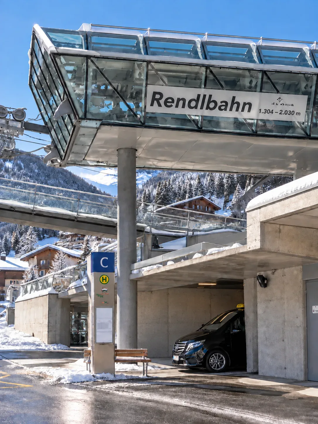 Taxi rank in the underpass beneath the Rendlbahn, St. Anton am Arlberg A taxi waiting in the underpass beneath the Rendlbahn valley station in St. Anton am Arlberg in winter
