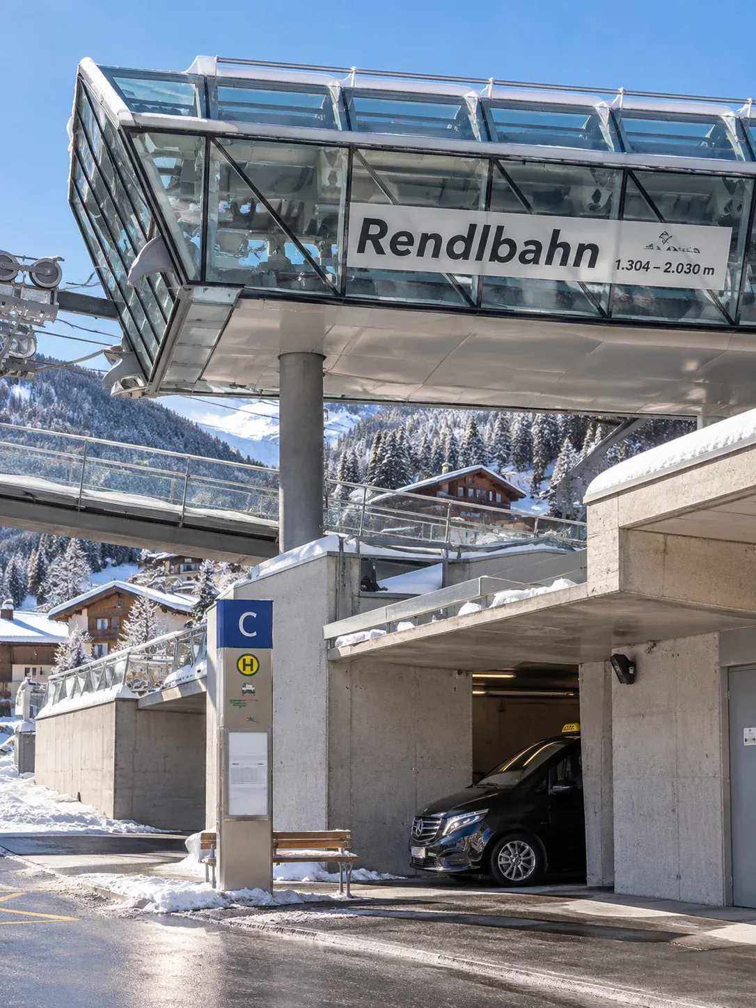 Taxi rank in the underpass beneath the Rendlbahn, St. Anton am Arlberg A taxi waiting in the underpass beneath the Rendlbahn valley station in St. Anton am Arlberg in winter