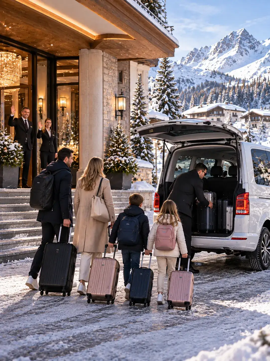 Rücktransfer St. Christoph zum Flughafen Zürich Familie verlässt ihr Hotel in St. Christoph für einen privaten Transfer zum Flughafen Zürich