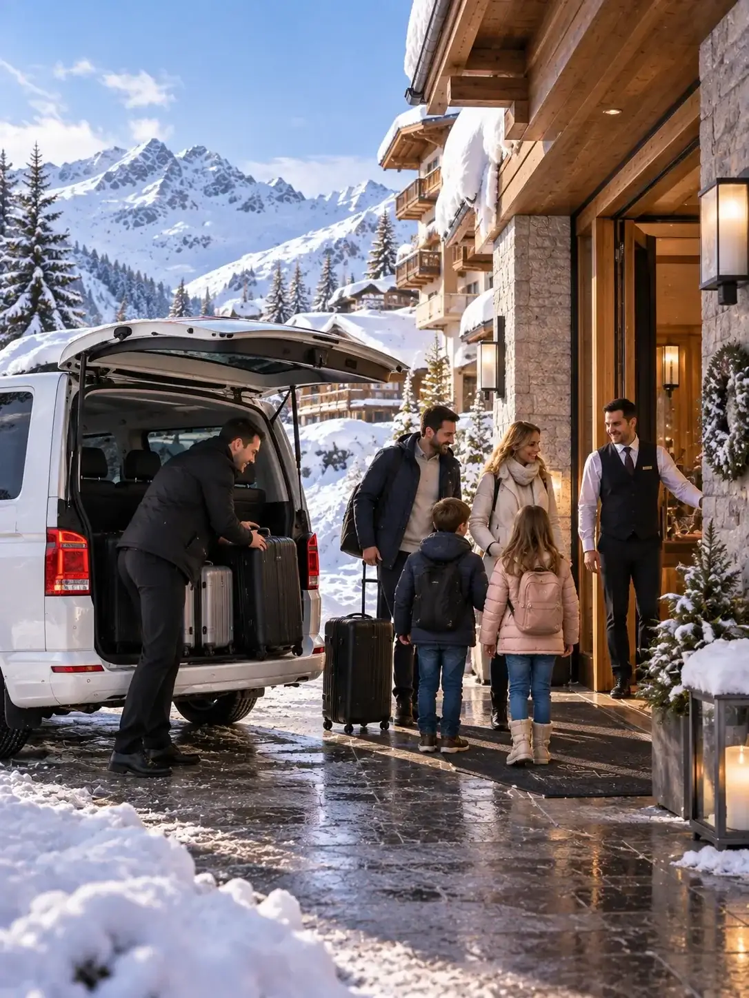 Tür-zu-Tür-Ankunft an der Passstraße in St. Christoph am Arlberg Privater Transfer hält vor einem Hoteleingang an der Passstraße in St. Christoph am Arlberg