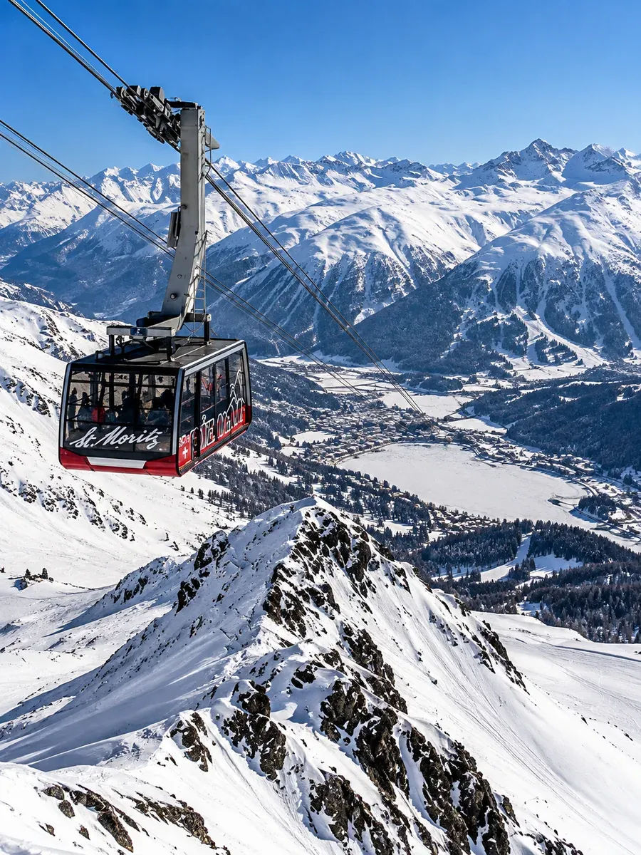 Transfer Lech – St. Moritz — St. Moritz im Winter Winterpanorama von St. Moritz im Engadin, dem Ferienziel am Ende der Fahrt von Lech am Arlberg