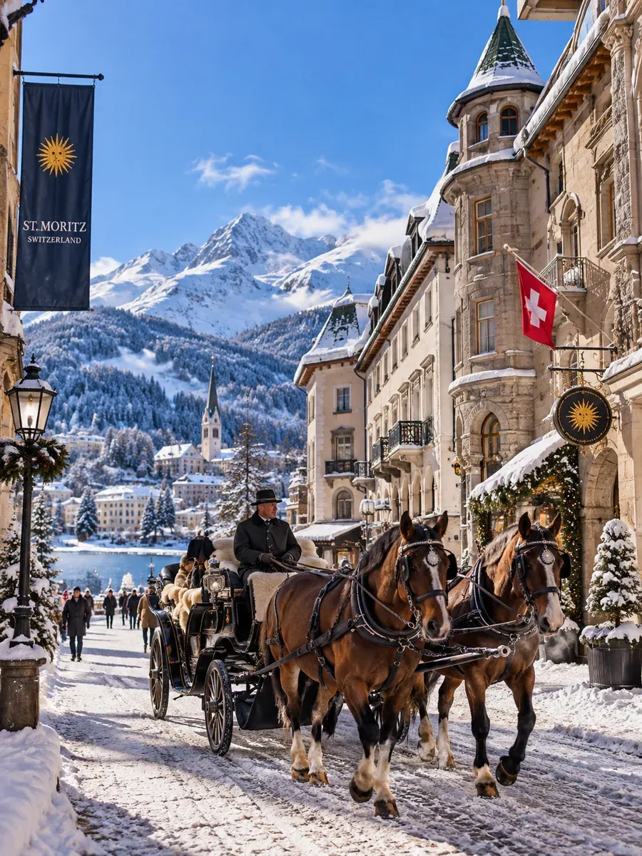 Transfer von Lech nach St. Moritz im Winter Eine Pferdekutsche auf einer verschneiten Straße in St. Moritz, darüber die Schweizer Fahne und ein St.-Moritz-Banner