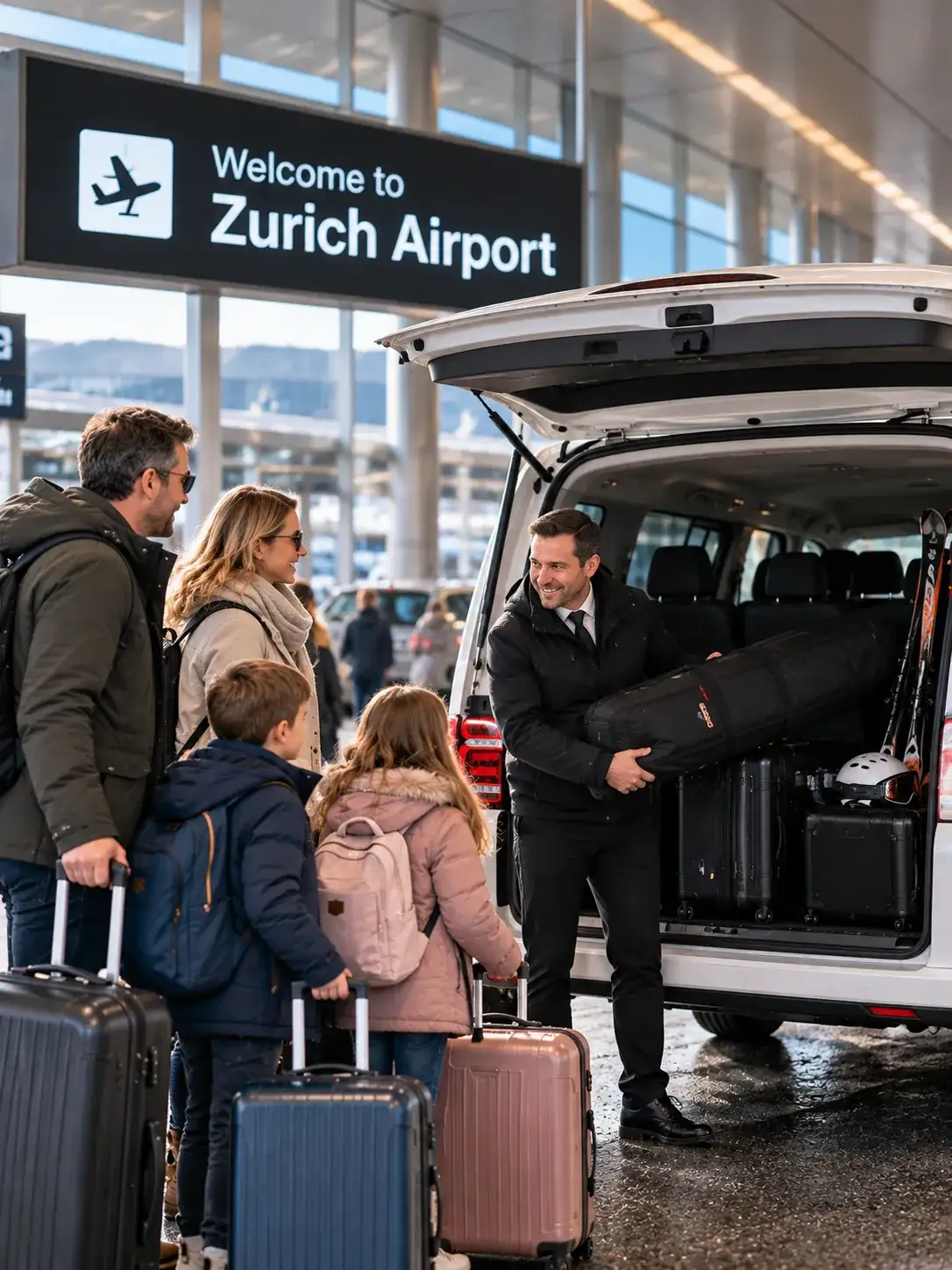 Stuben to Zurich Airport Return Transfer Alpinum Taxi driver loading ski luggage for the return journey to Zurich Airport