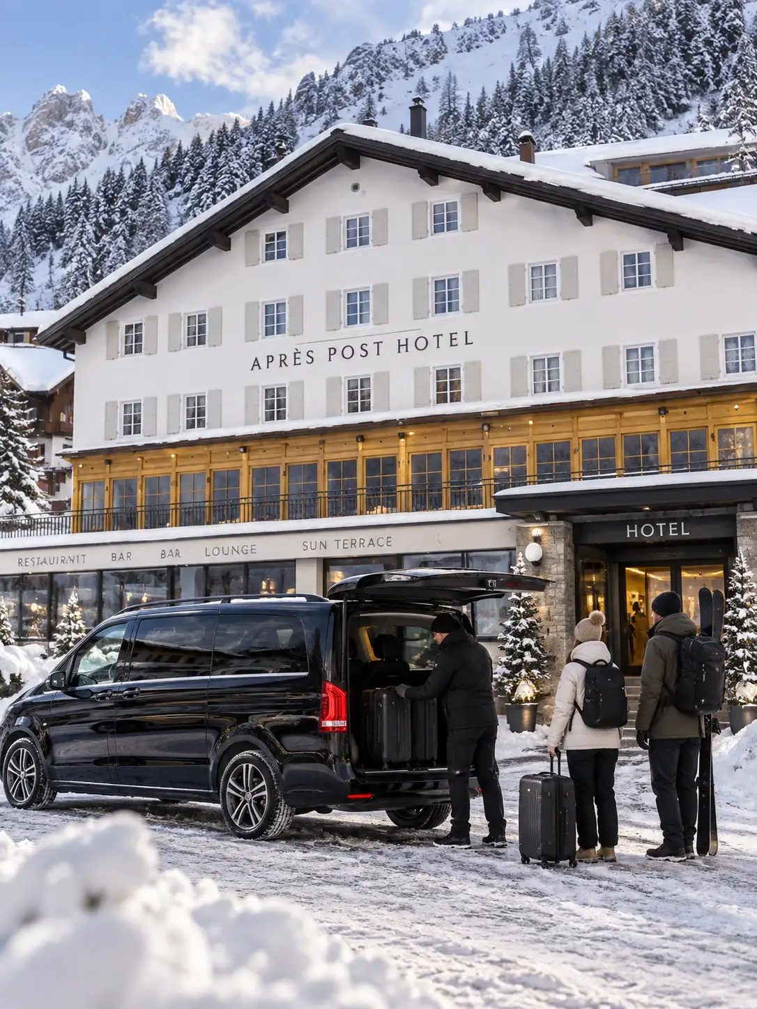Door-to-door transfer pickup at a hotel in Stuben am Arlberg Driver loading cases and ski luggage into a minibus at a hotel door in Stuben am Arlberg, with two guests waiting