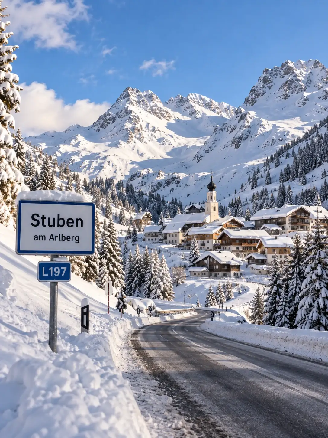 The L197 into Stuben am Arlberg in winter The L197 road and the Stuben am Arlberg village sign in winter, with the village and the Arlberg peaks behind