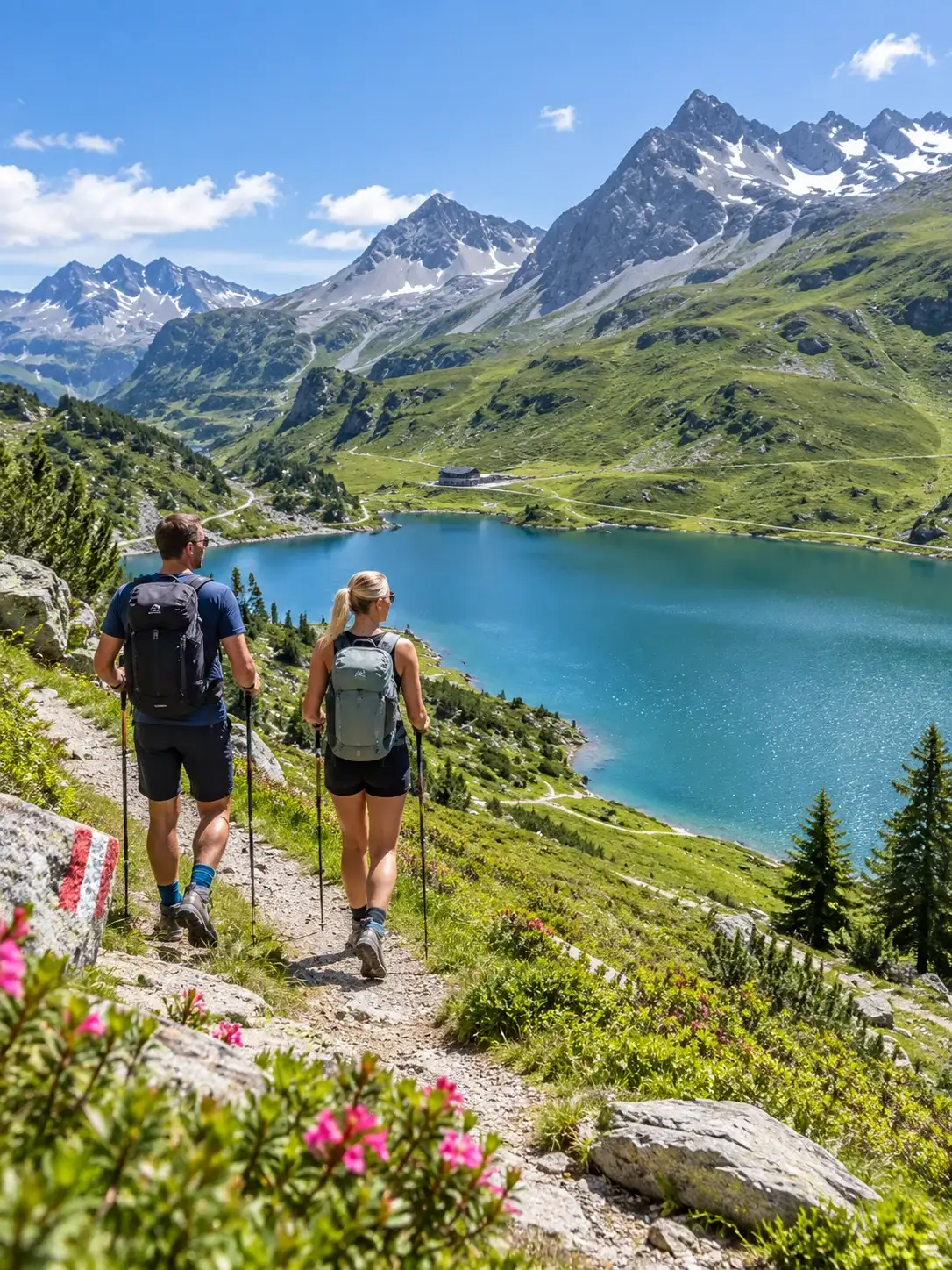 Sommerwandern am Zürsersee bei Zürs am Arlberg Wanderer am Zürsersee bei Zürs am Arlberg im Sommer