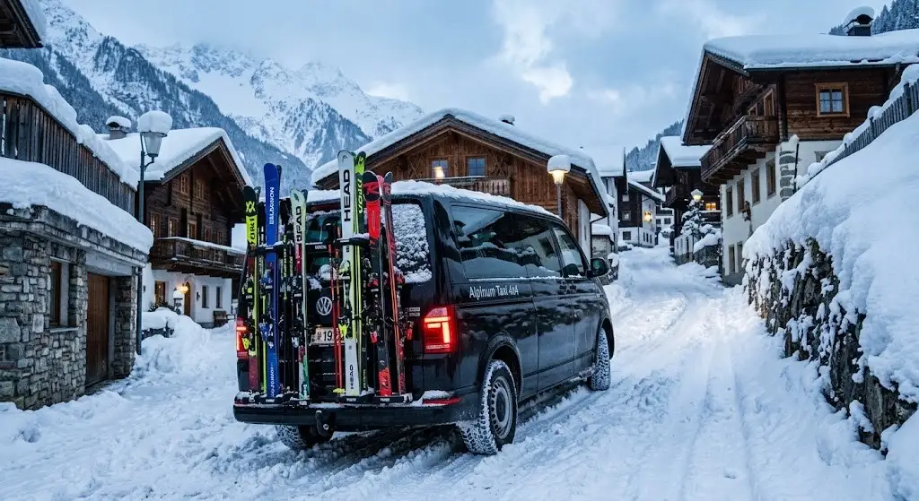 Taxi Anton 4x4 auf einer schneebedeckten Gasse in St. Anton am Arlberg
