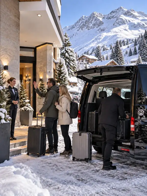 To the hotel door — Taxi Anton Taxi Anton driver loading the guests’ cases into the minibus at a hotel entrance on the Arlberg, the receptionist seeing them off at the door