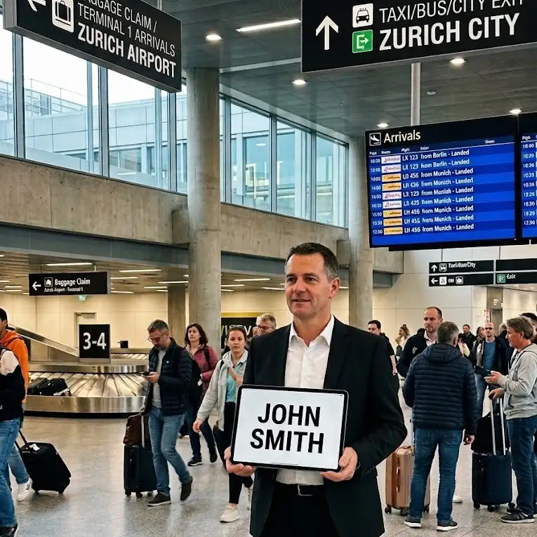 Taxi Anton Fahrer mit Namensschild in der Ankunftshalle des Flughafens Zürich