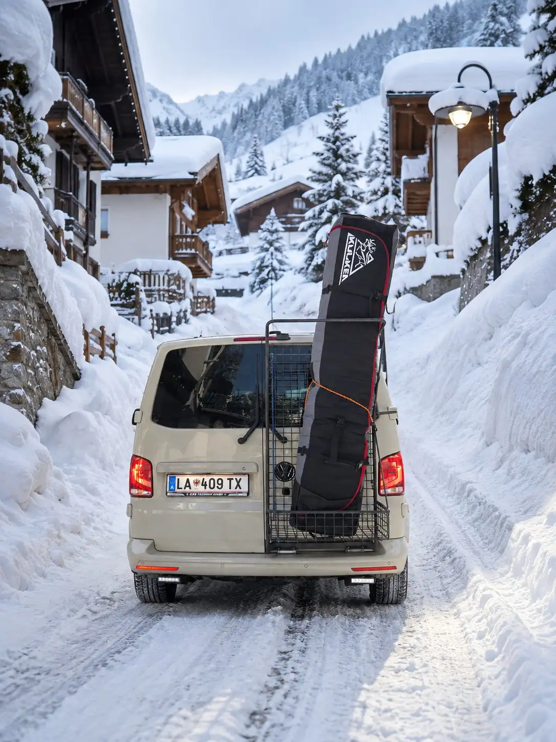 Taxi Anton: Skitasche aufrecht auf dem Heckträger, auf einer verschneiten Dorfstraße in St. Anton