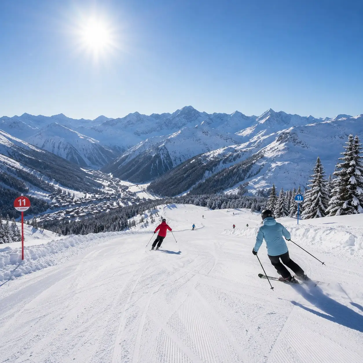 Taxi Anton in St. Anton am Arlberg im Winter, Skifahrer auf der Piste über dem Ort