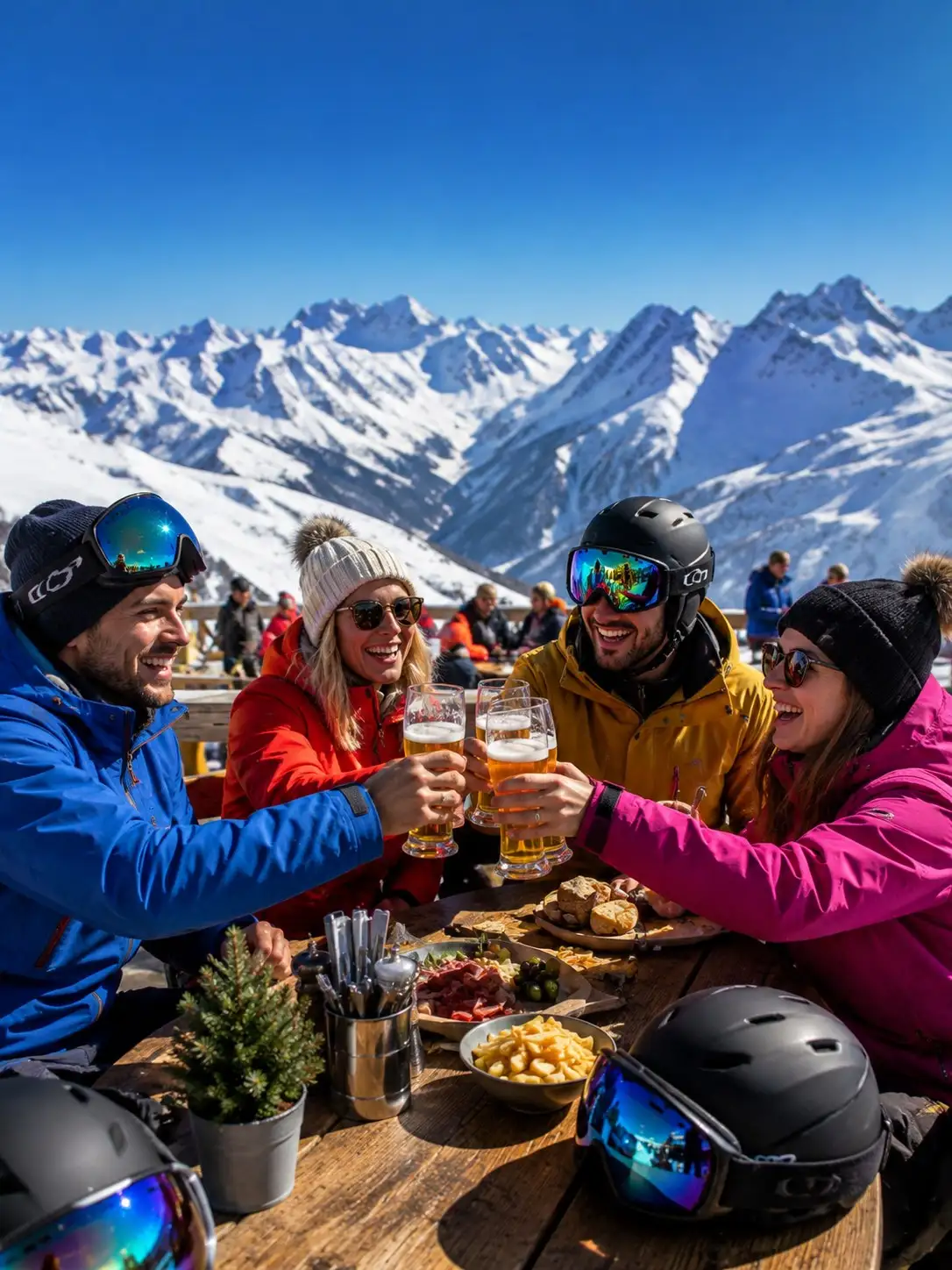 Taxi Anton, St. Anton am Arlberg entdecken, Freunde auf einer Hüttenterrasse über dem Ort